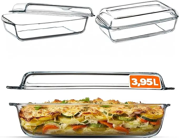 nachhaltige Auflaufformen im Vergleich: Die rechteckige KADAX Glasauflaufform mit passendem Deckel auf einer Steinunterlage.