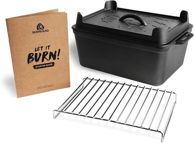 nachhaltige Dutch Oven im Vergleich: Die rechteckige Burnhard Gusseisen Kastenform mit Pfannendeckel und Rosteinsatz.