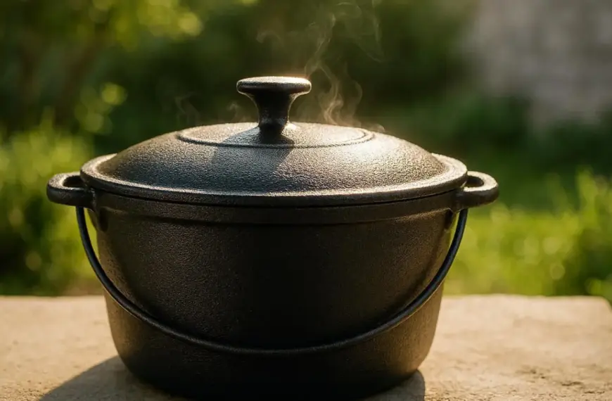 nachhaltige Dutch Oven im Vergleich: Ein massiver gusseiserner Feuertopf steht über glühenden Kohlen im Freien.