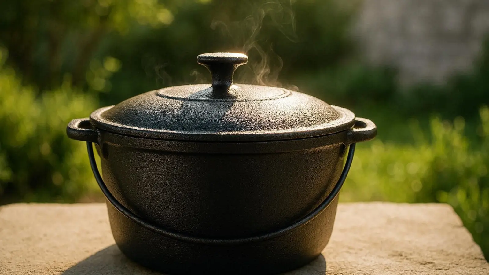 nachhaltige Dutch Oven im Vergleich: Ein massiver gusseiserner Feuertopf steht über glühenden Kohlen im Freien.
