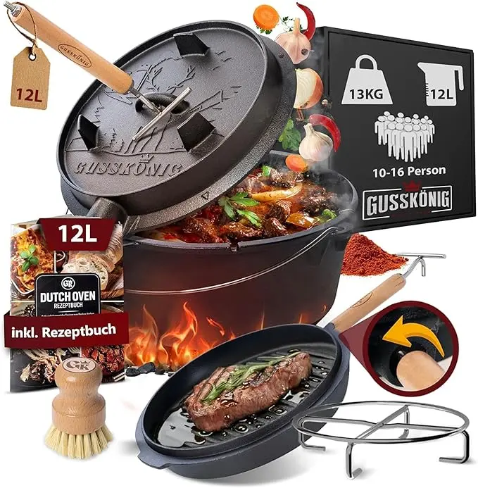 nachhaltige Dutch Oven im Vergleich: Das GUSSKÖNIG 12L Set aus massivem Gusseisen mit Deckelheber.