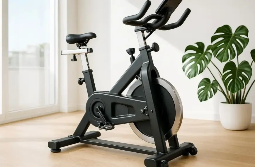 nachhaltige Ergometer im Vergleich: Ein massiver Heimtrainer aus schwarzem Stahl steht in einem lichtdurchfluteten Fitnessraum.