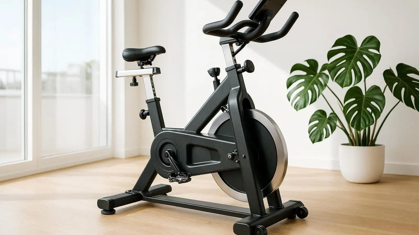 nachhaltige Ergometer im Vergleich: Ein massiver Heimtrainer aus schwarzem Stahl steht in einem lichtdurchfluteten Fitnessraum.