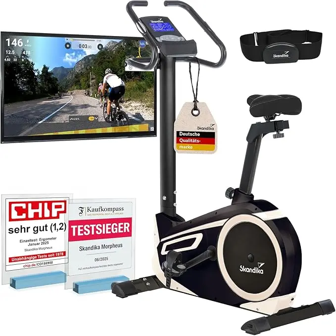 nachhaltige Ergometer im Vergleich: Das Skandika Morpheus in Beige-Schwarz mit LCD-Display und Tablethalterung.