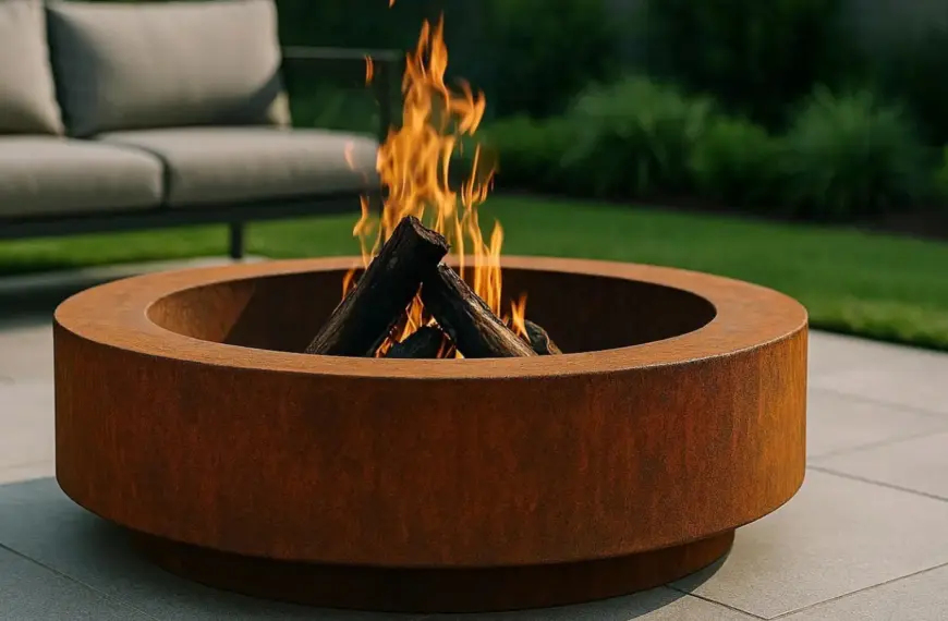 nachhaltige Feuerschalen im Vergleich: Eine massive Feuerschale aus Cortenstahl steht auf einer modernen Terrasse.