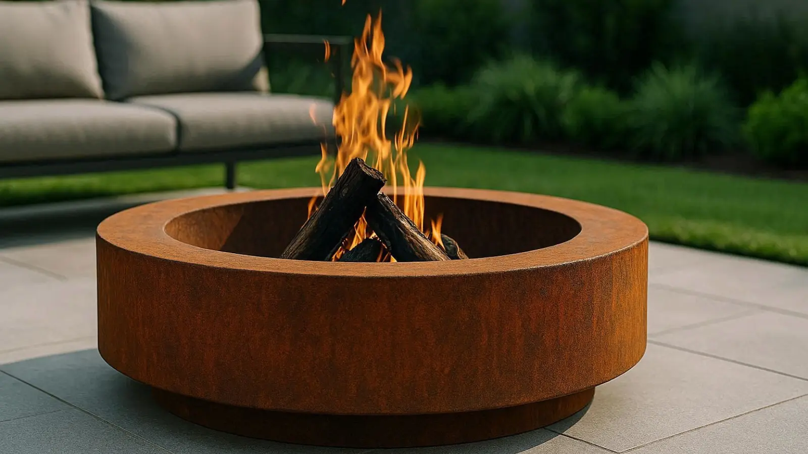 nachhaltige Feuerschalen im Vergleich: Eine massive Feuerschale aus Cortenstahl steht auf einer modernen Terrasse.