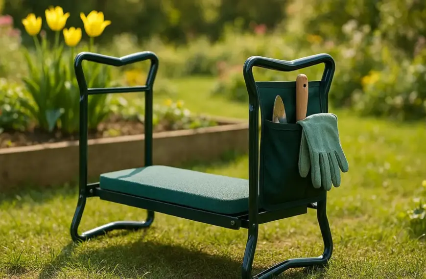 nachhaltige Garten-Kniebänke im Vergleich: Eine robuste, klappbare Garten-Kniebank aus Metall steht auf einer Wiese neben einem Blumenbeet.