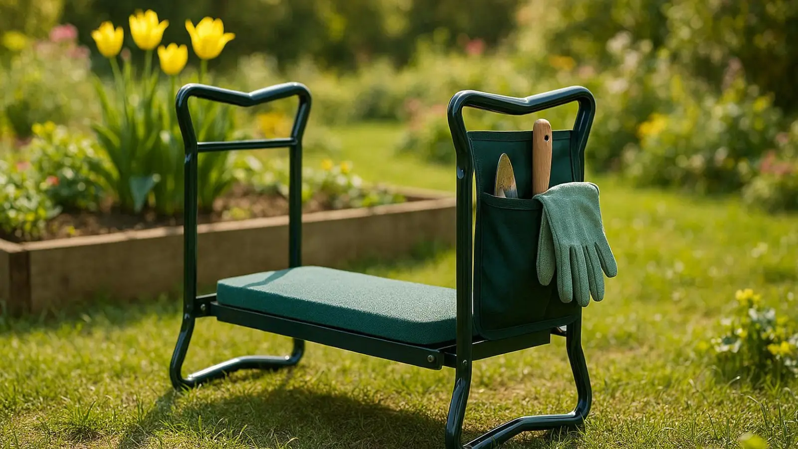 nachhaltige Garten-Kniebänke im Vergleich: Eine robuste, klappbare Garten-Kniebank aus Metall steht auf einer Wiese neben einem Blumenbeet.
