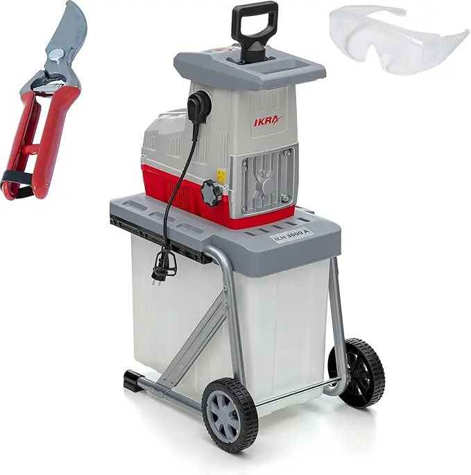 nachhaltige Gartenhäcksler im Vergleich: Der IKRA ILH 3000 A Walzenhäcksler inklusive Fangbox und Schutzbrille im Einsatz