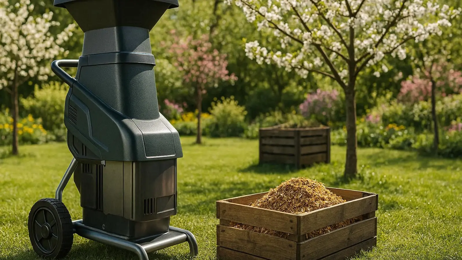 nachhaltige Gartenhäcksler im Vergleich: Ein kraftvoller Walzenhäcksler verarbeitet Äste zu wertvollem Mulch für den Gartenkreislauf.