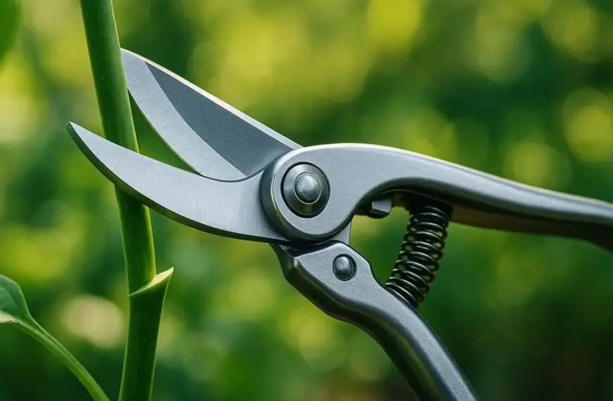 nachhaltige Gartenscheren im Vergleich: Eine hochwertige Gartenschere aus Metall schneidet präzise einen Rosenzweig.