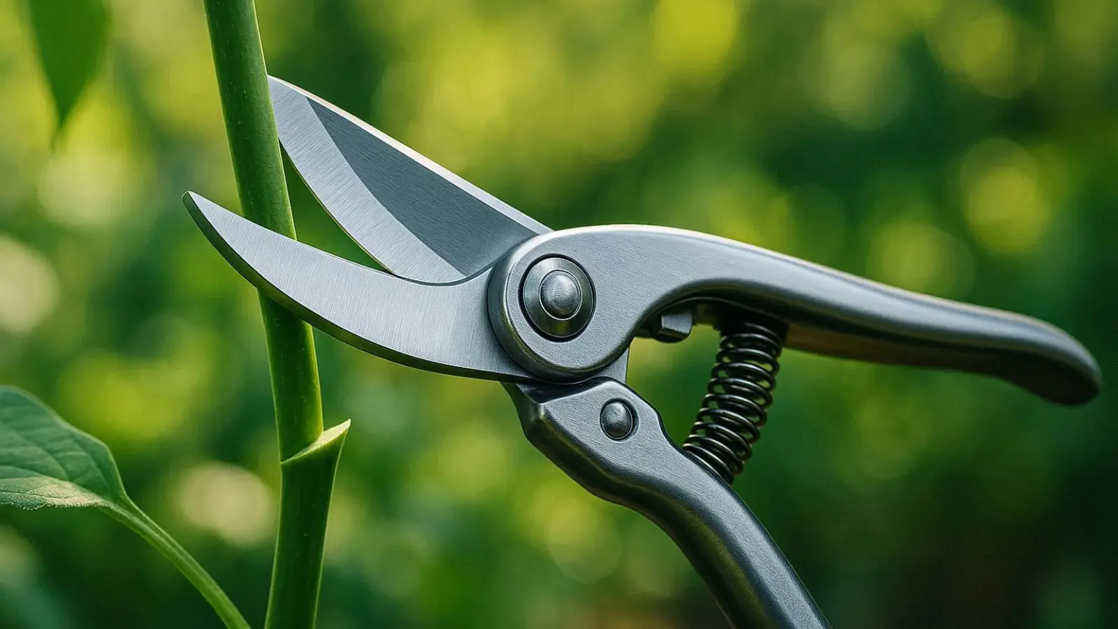 nachhaltige Gartenscheren im Vergleich: Eine hochwertige Gartenschere aus Metall schneidet präzise einen Rosenzweig.