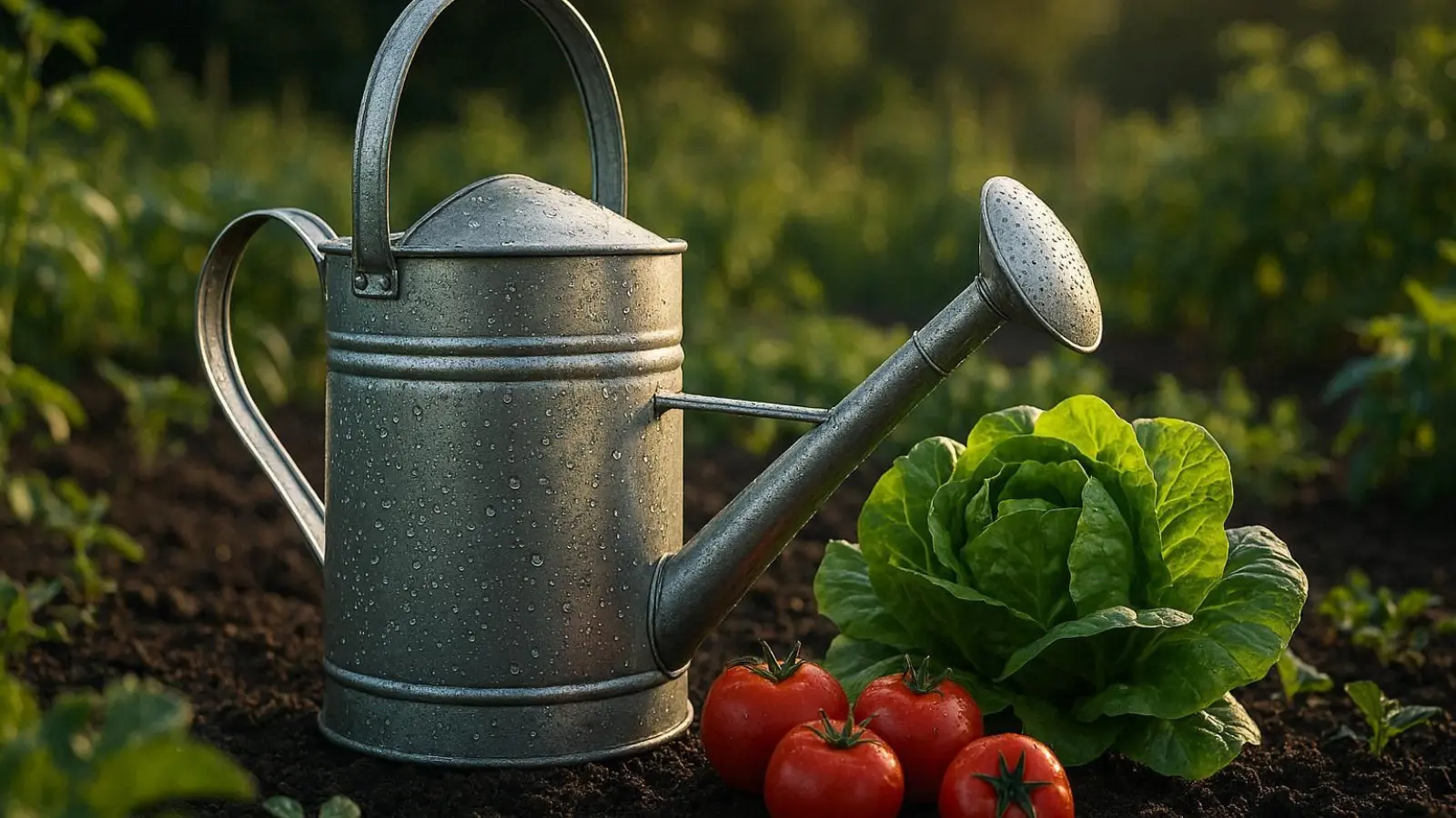 nachhaltige Gießkannen im Vergleich: Eine klassische Gießkanne aus Metall steht in einem Gemüsegarten neben Salatköpfen
