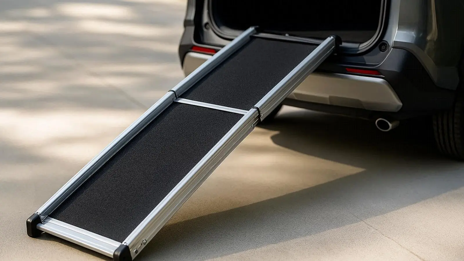 nachhaltige Hunderampen aus Aluminium im Vergleich: Eine robuste Teleskoprampe aus Metall am Auto für den sicheren Einstieg.