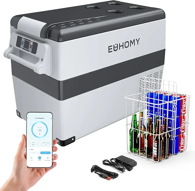 nachhaltige Kompressor Kühlboxen im Vergleich: Die EUHOMY CF-45 mit ISCC PLUS Zertifizierung und Dual-Zonen-Kühlung.