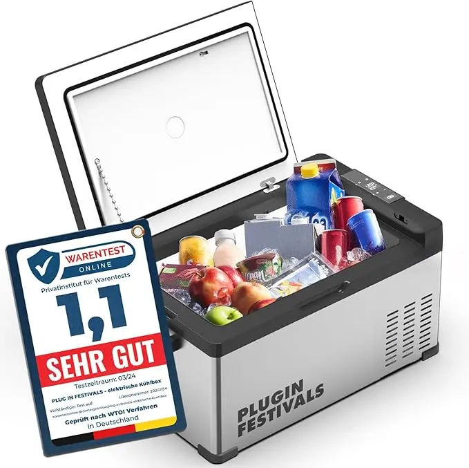 nachhaltige Kompressor Kühlboxen im Vergleich: Die robuste PLUG IN FESTIVALS Box mit Metallgehäuse und App-Steuerung.