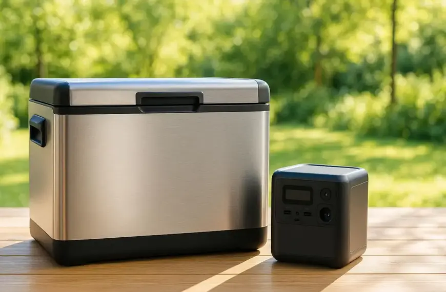 nachhaltige Kompressor Kühlboxen im Vergleich: Eine moderne Kühlbox steht neben einer Powerstation in einem sonnigen Garten.