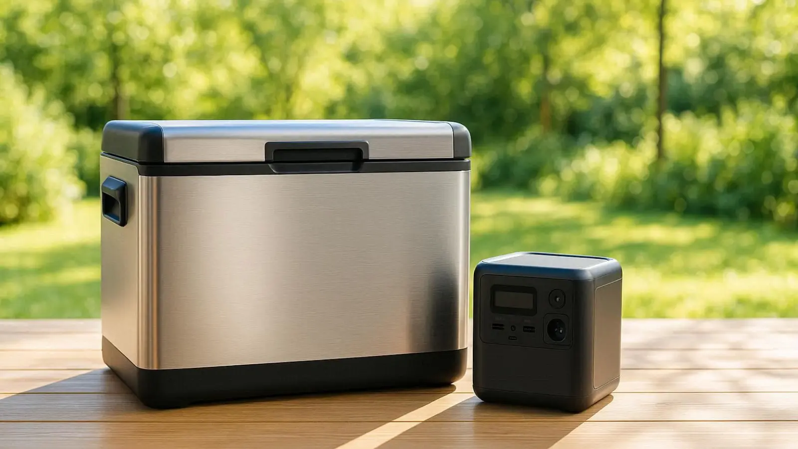 nachhaltige Kompressor Kühlboxen im Vergleich: Eine moderne Kühlbox steht neben einer Powerstation in einem sonnigen Garten.