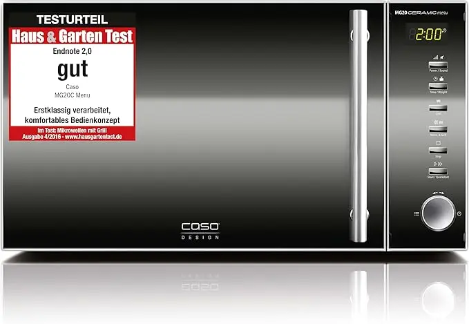 nachhaltige Mikrowellen im Vergleich: Die CASO MG20 Ceramic mit flachem Boden und Edelstahl-Innenraum ohne Drehteller.