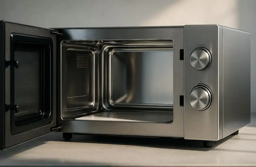 nachhaltige Mikrowellen im Vergleich: Eine moderne Mikrowelle mit offenem Blick auf den glänzenden Edelstahl-Innenraum.