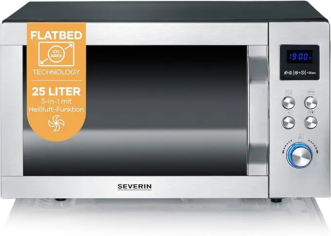nachhaltige Mikrowellen im Vergleich: Die Severin MW 7777 mit Edelstahl-Garraum und flachem Keramikboden ohne Drehteller.