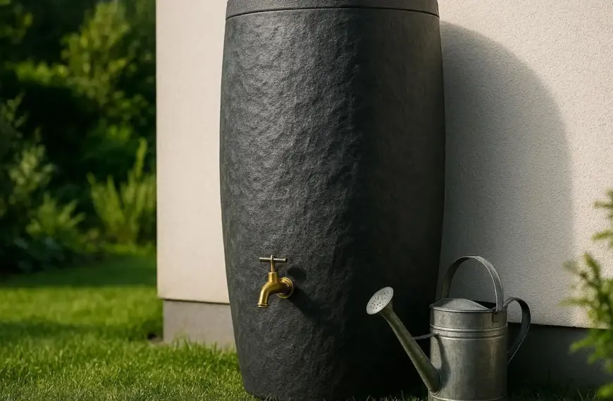 nachhaltige Regentonnen im Vergleich: Ein hochwertiger Regenspeicher in Steinoptik steht an einer Hauswand im Garten.