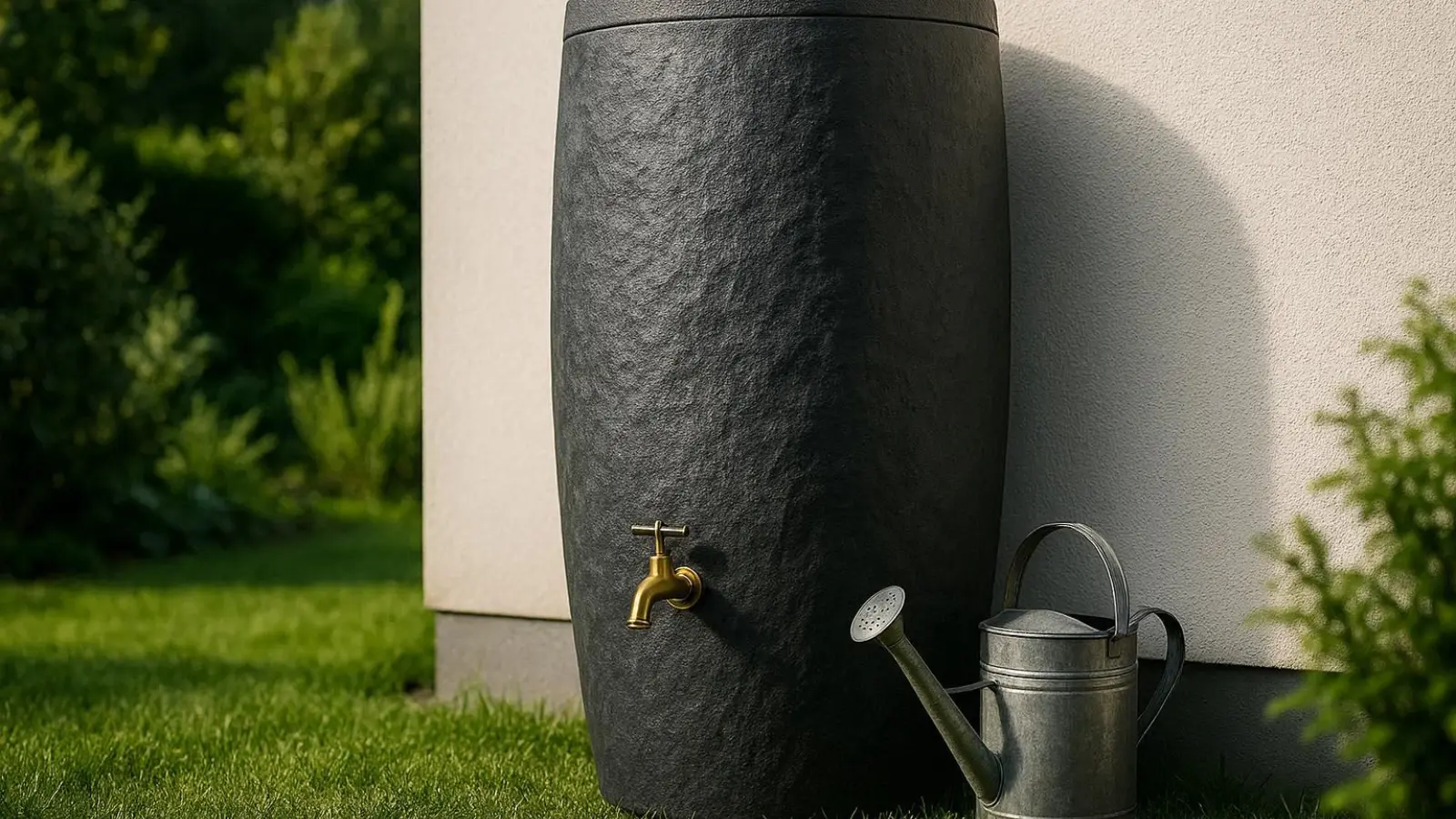 nachhaltige Regentonnen im Vergleich: Ein hochwertiger Regenspeicher in Steinoptik steht an einer Hauswand im Garten.