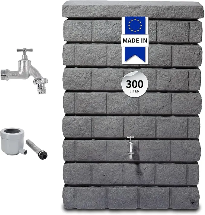 nachhaltige Regentonnen im Vergleich: Der flache Garantia Rocky Junior Wandtank in Dark Granite Steinoptik.