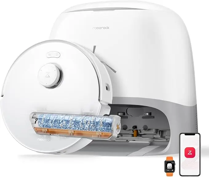 nachhaltige Saugroboter im Vergleich: Der weiße roborock Qrevo Curv 2 Flow mit All-in-One Dockingstation.