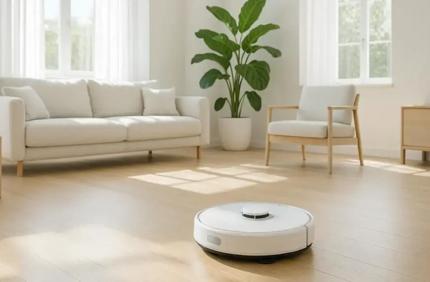 nachhaltige Saugroboter im Vergleich: Ein moderner, weißer Saug-Wisch-Roboter reinigt einen hellen Parkettboden im Sonnenlicht.