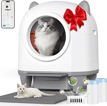 nachhaltige selbstreinigende Katzentoiletten im Vergleich: Die TRIUMPHKEY XXL mit Katzenohr-Design und App-Steuerung.
