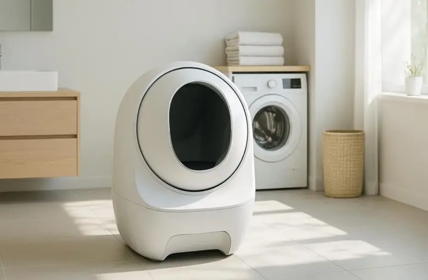 nachhaltige selbstreinigende Katzentoiletten im Vergleich: Eine moderne, weiße Automatik-Katzentoilette in einem hellen Badezimmer.