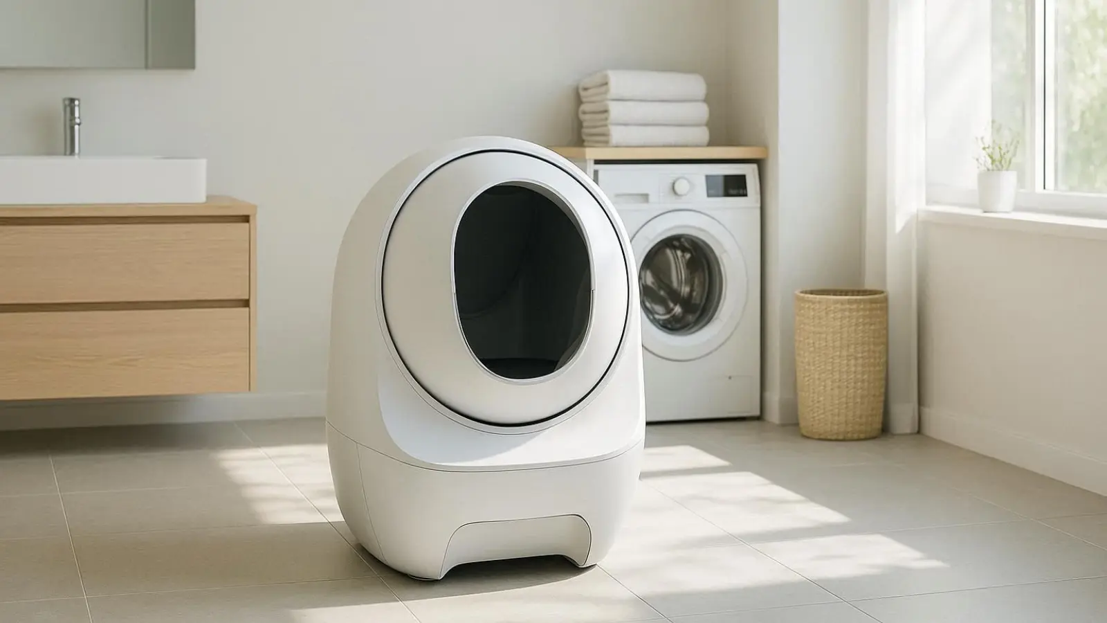 nachhaltige selbstreinigende Katzentoiletten im Vergleich: Eine moderne, weiße Automatik-Katzentoilette in einem hellen Badezimmer.