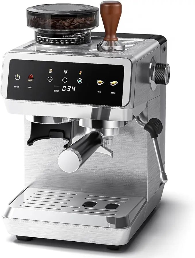 nachhaltige Siebträgermaschinen im Vergleich: Die AMZCHEF Espressomaschine mit 20 Bar Druck und integriertem Mahlwerk.