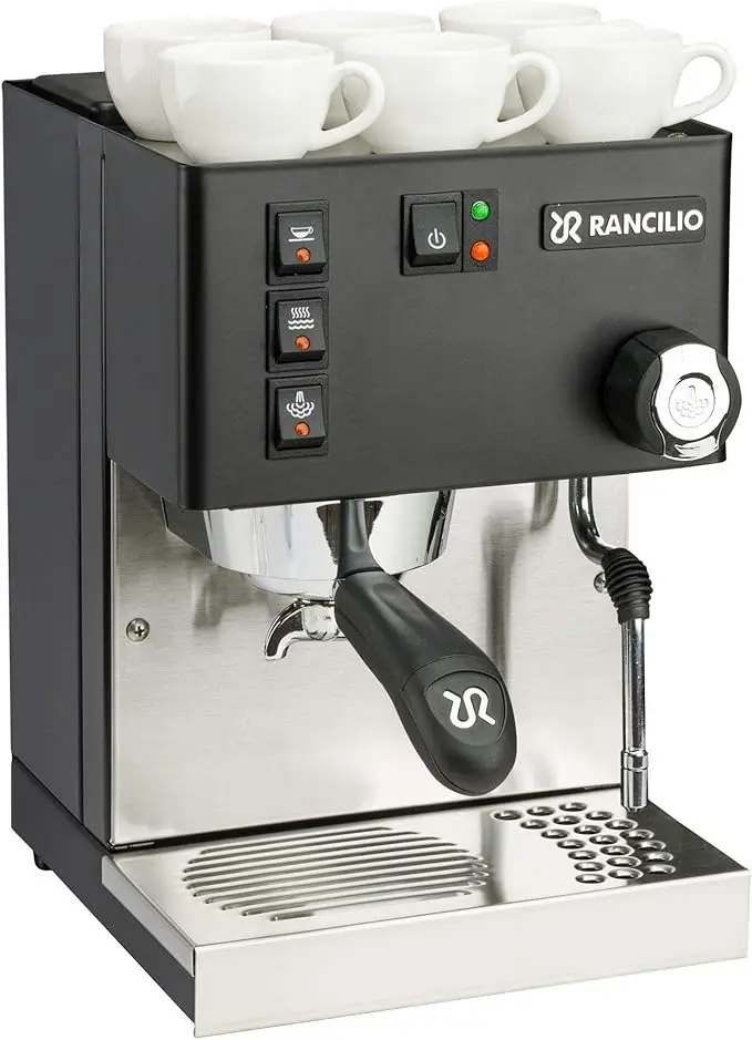 nachhaltige Siebträgermaschinen im Vergleich: Die Rancilio Silvia Eco Black in mattem Edelstahl-Design.