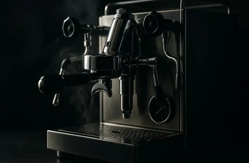 nachhaltige Siebträgermaschinen im Vergleich: Eine schwere Espressomaschine aus poliertem Edelstahl in einer modernen Küche.