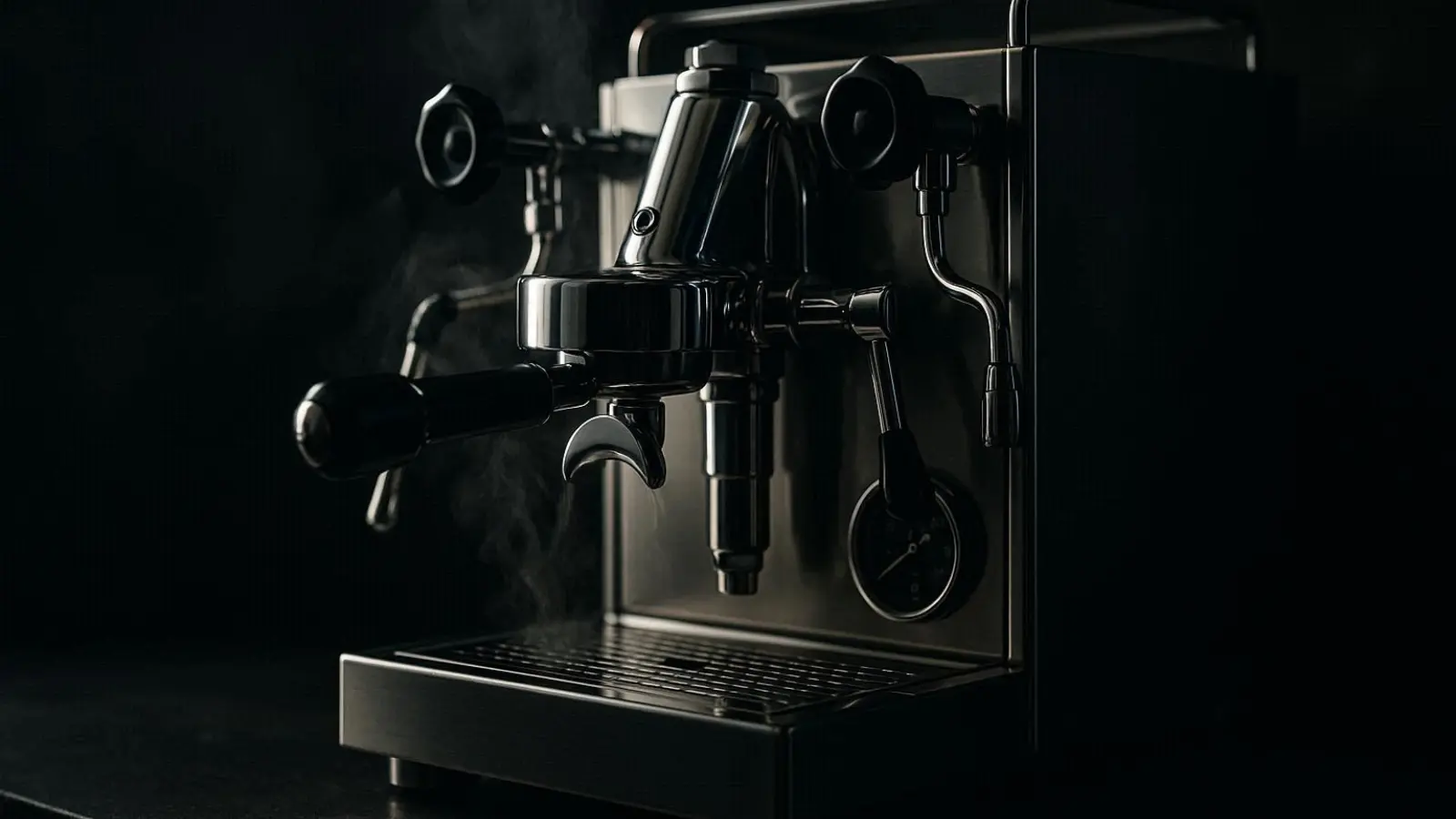nachhaltige Siebträgermaschinen im Vergleich: Eine schwere Espressomaschine aus poliertem Edelstahl in einer modernen Küche.