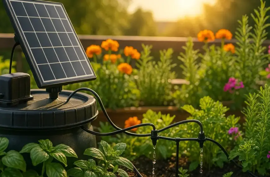 nachhaltige Solar-Bewässerungssysteme im Vergleich: Ein autarkes Bewässerungsset mit Solarpanel versorgt Pflanzen auf einem Balkon.