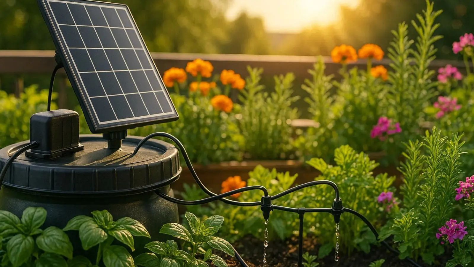 nachhaltige Solar-Bewässerungssysteme im Vergleich: Ein autarkes Bewässerungsset mit Solarpanel versorgt Pflanzen auf einem Balkon.