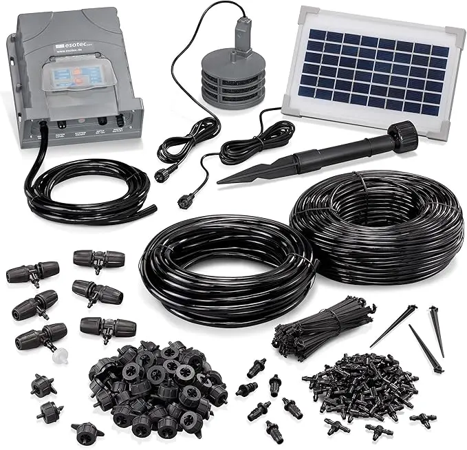 nachhaltige Solar-Bewässerungssysteme im Vergleich: Das leistungsstarke Esotec Waterdrops 50 Kit mit 48 Metern Schlauch für den Garten.