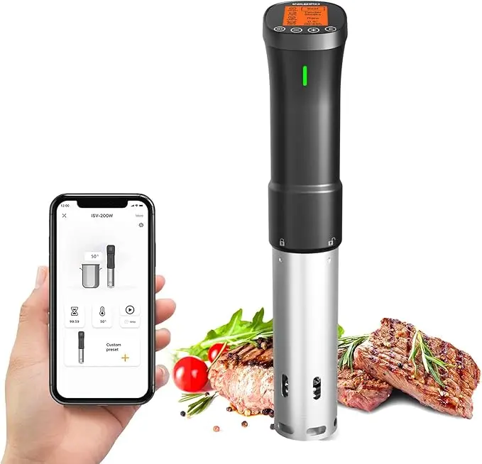 nachhaltige Sous Vide Sticks im Vergleich: Der Inkbird ISV-200W mit Edelstahlsäule und digitaler Temperaturanzeige.