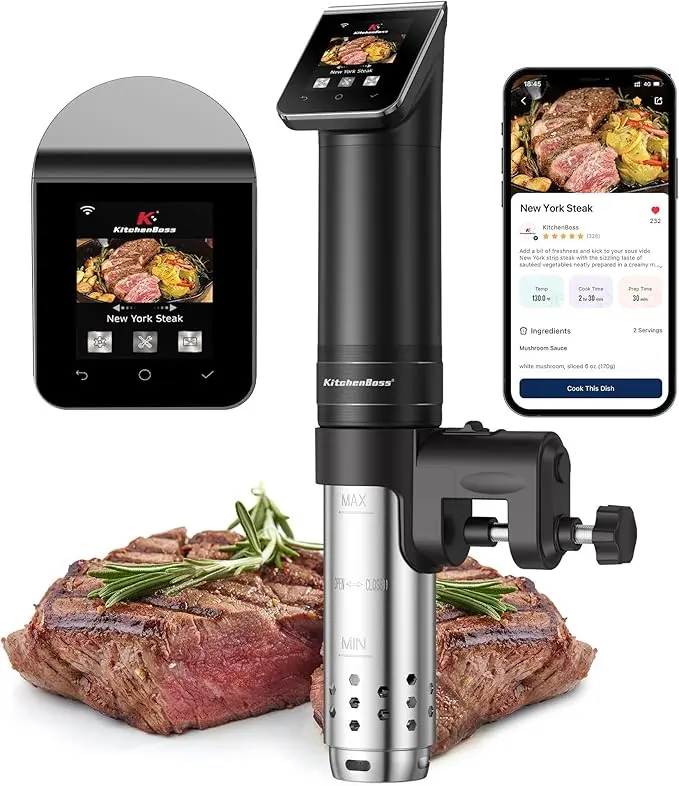 nachhaltige Sous Vide Sticks im Vergleich: Der KitchenBoss G330 mit abnehmbarem Edelstahl-Gehäuse und TFT-Display.