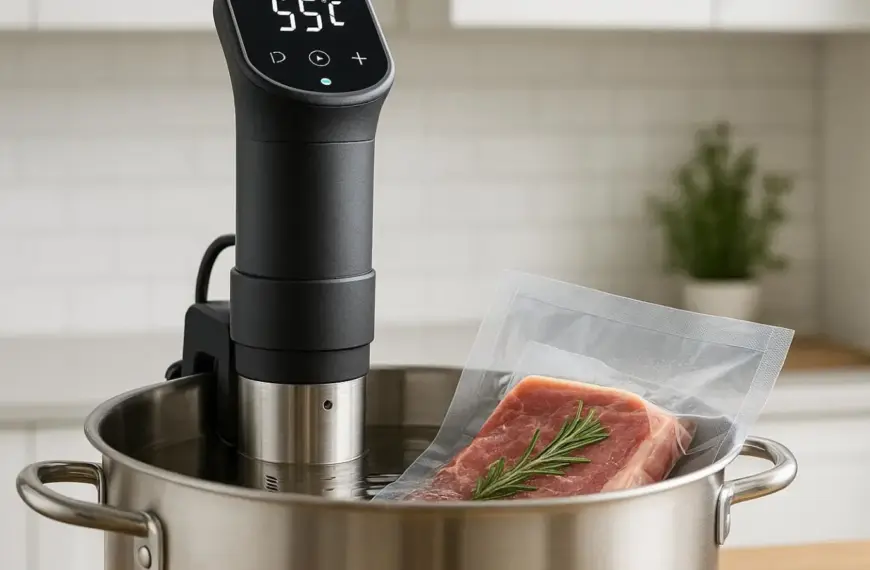 nachhaltige Sous Vide Sticks im Vergleich: Ein hochwertiger Edelstahl-Präzisionsgarer an einem Topf mit Fleisch und einer Anzeige von 55 Grad.