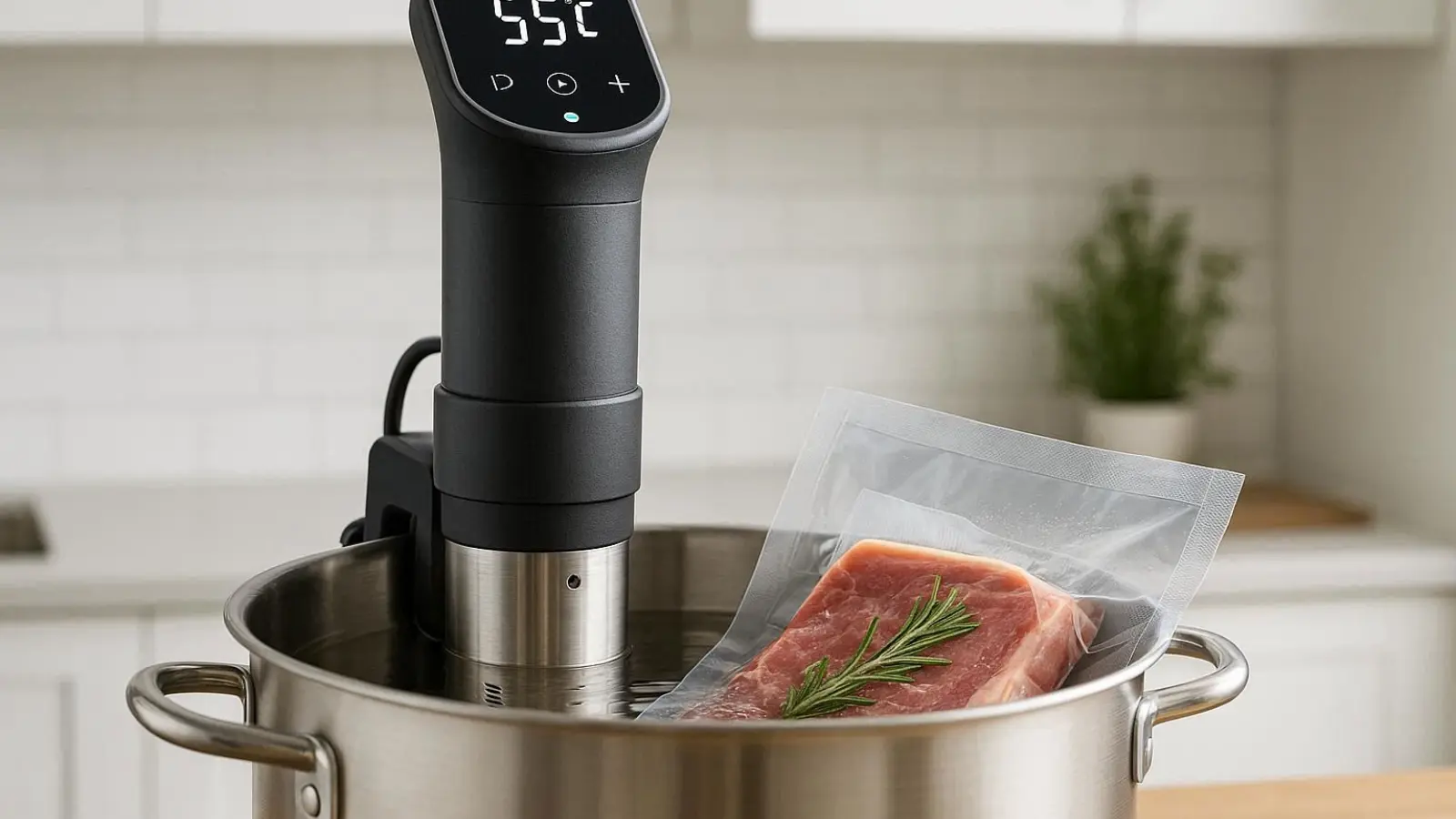 nachhaltige Sous Vide Sticks im Vergleich: Ein hochwertiger Edelstahl-Präzisionsgarer an einem Topf mit Fleisch und einer Anzeige von 55 Grad.