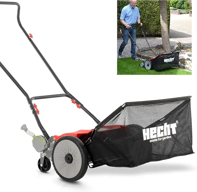 nachhaltige Spindelmäher im Vergleich: Der rote HECHT Spindelmäher mit 46 cm Breite und großem Fangkorb im Garten.