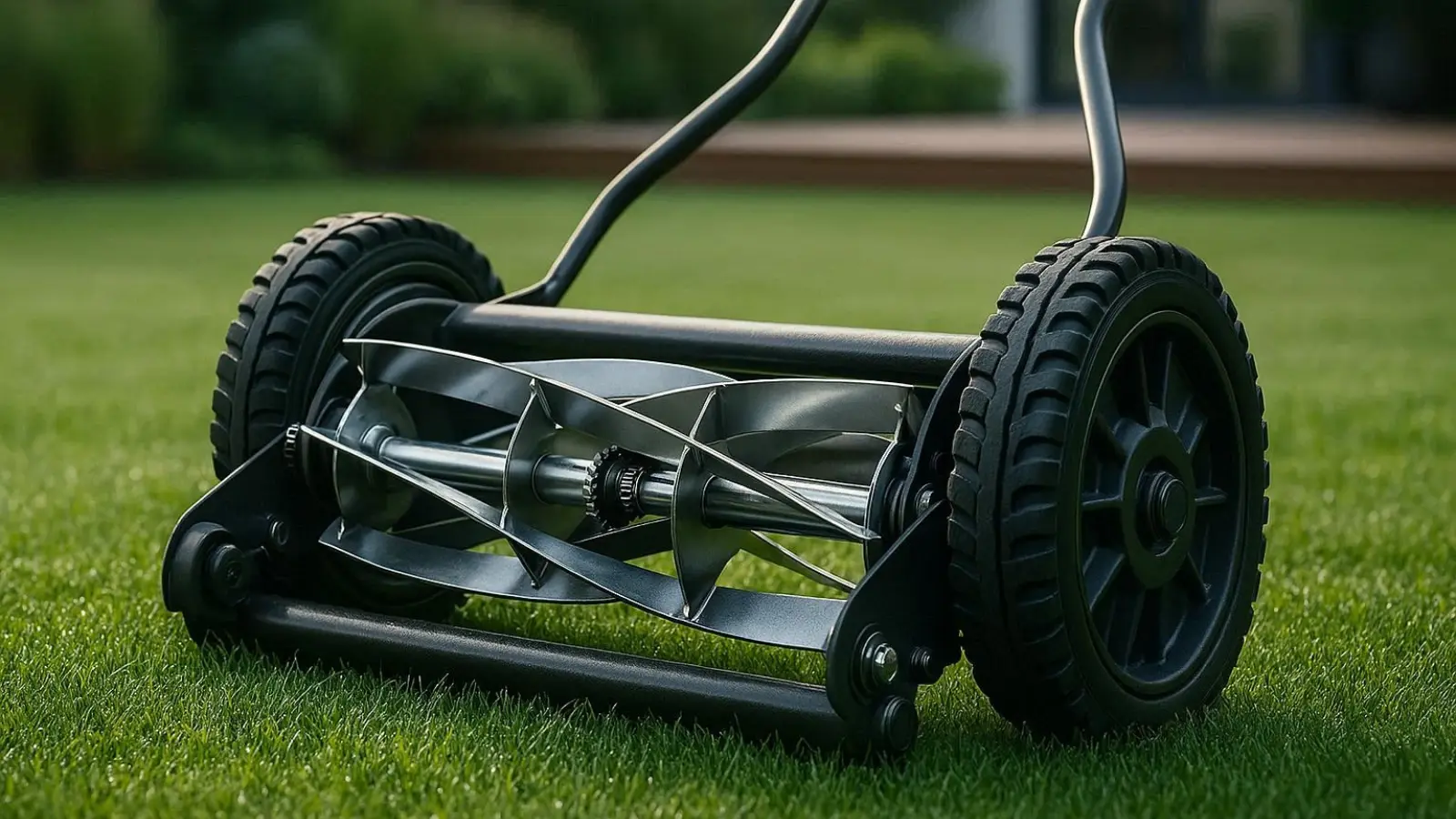 nachhaltige Spindelmäher im Vergleich: Ein hochwertiger Handrasenmäher steht auf einer perfekt gemähten Grünfläche im Sonnenschein.