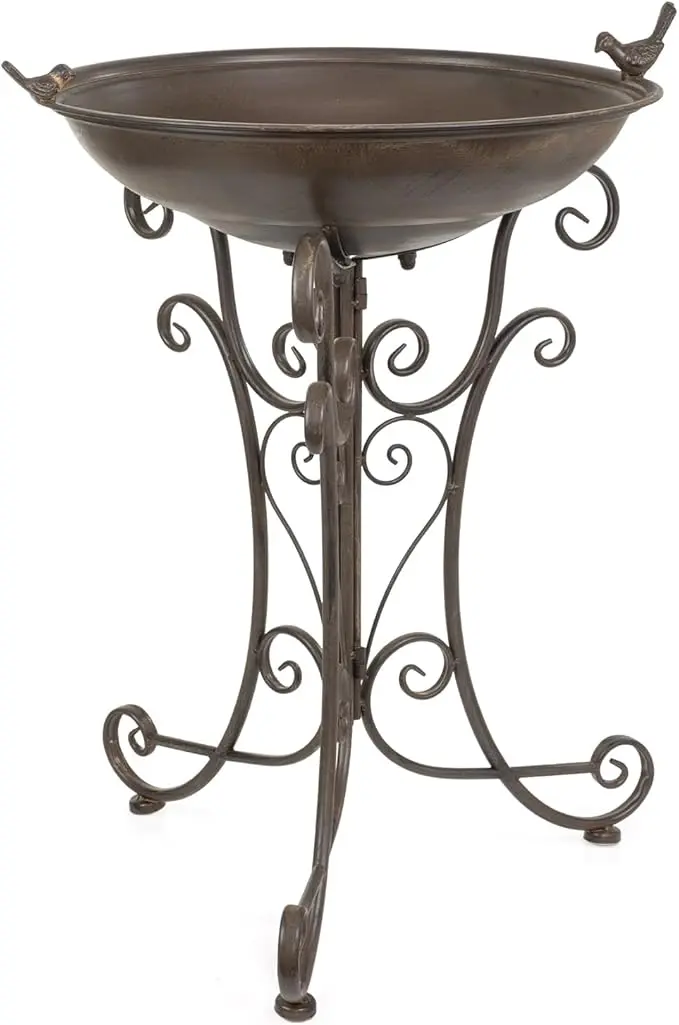 nachhaltige Vogeltränken im Vergleich: Die stehende Moritz Vogeltränke XL aus Metall in Braun mit Gusseisen-Vogel.