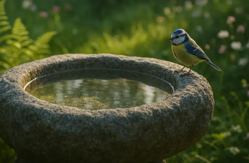 nachhaltige Vogeltränken im Vergleich: Ein massives Vogelbad aus Naturstein in einem grünen Garten bietet Vögeln eine sichere Trinkstelle.