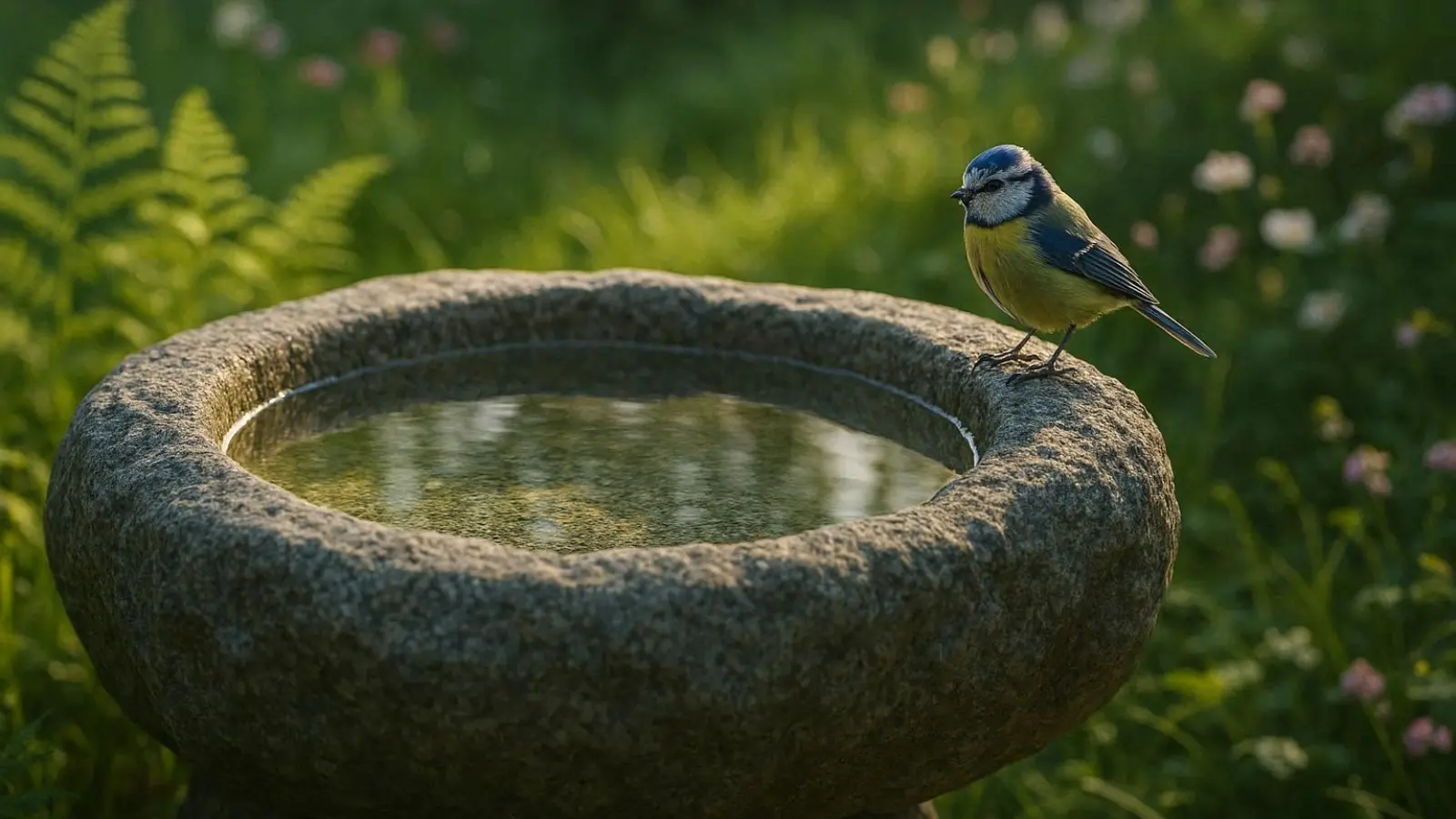 nachhaltige Vogeltränken im Vergleich: Ein massives Vogelbad aus Naturstein in einem grünen Garten bietet Vögeln eine sichere Trinkstelle.