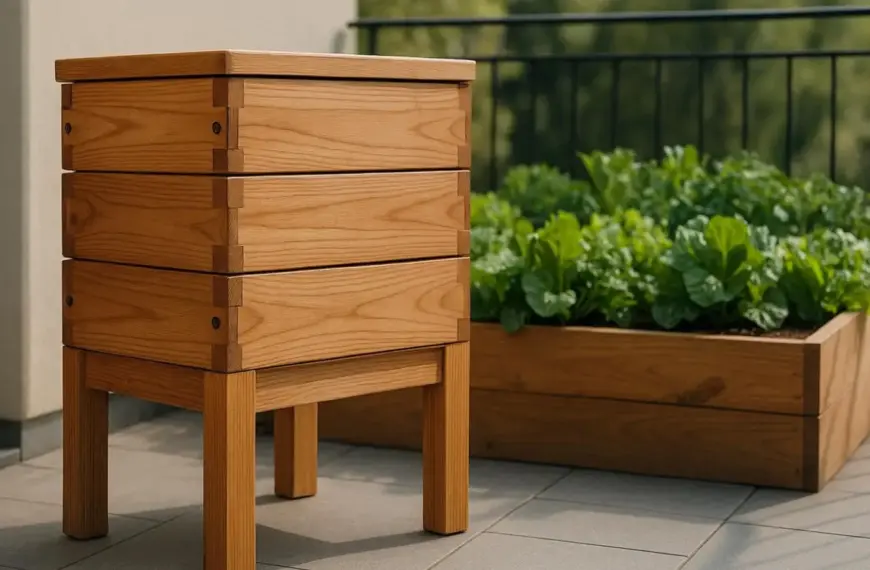 nachhaltige Wurmkomposter im Vergleich: Eine hochwertige Wurmkiste aus Holz steht auf einem Balkon neben einem Hochbeet.